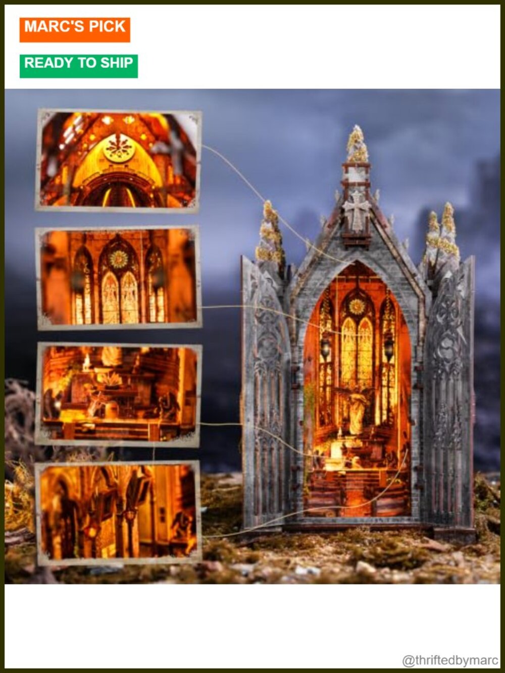 DIY Book Nook Kit - Abandoned Gothic Church Miniature Dollhouse with LED Lights View 2